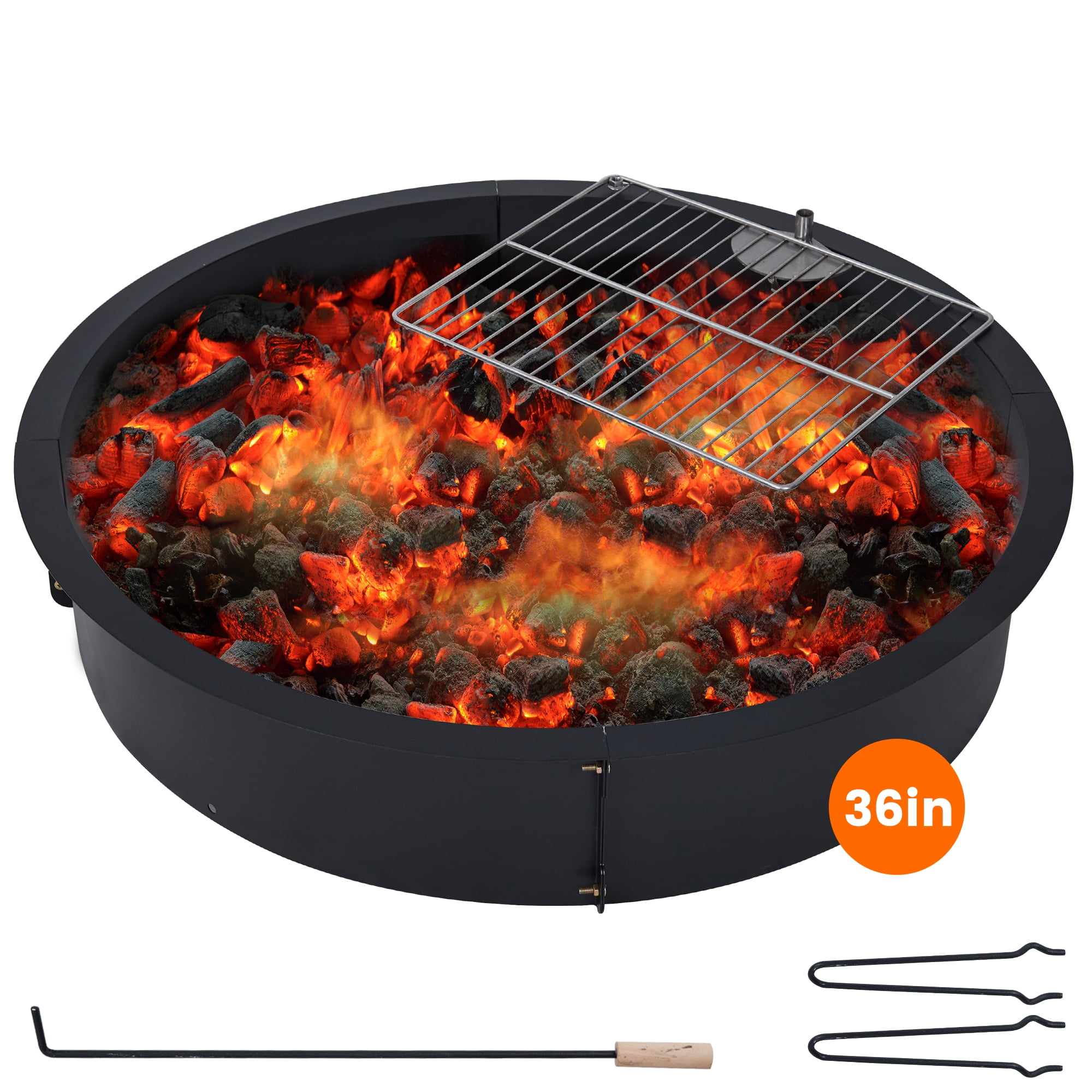 36-Inch Black Steel Wood Burning Fire Pit with Grill Grate