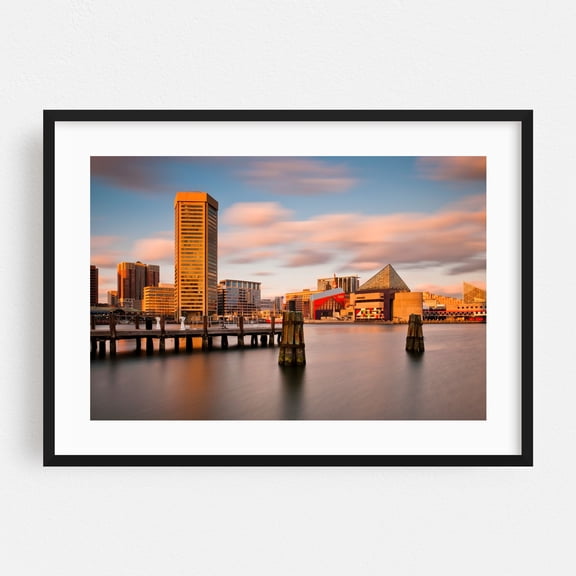 Inner Harbor 01 - Baltimore Maryland Photography Harbor City Skyline Architecture Travel Poster Sunset Black Framed Wall Art Print 5 x 7 inches