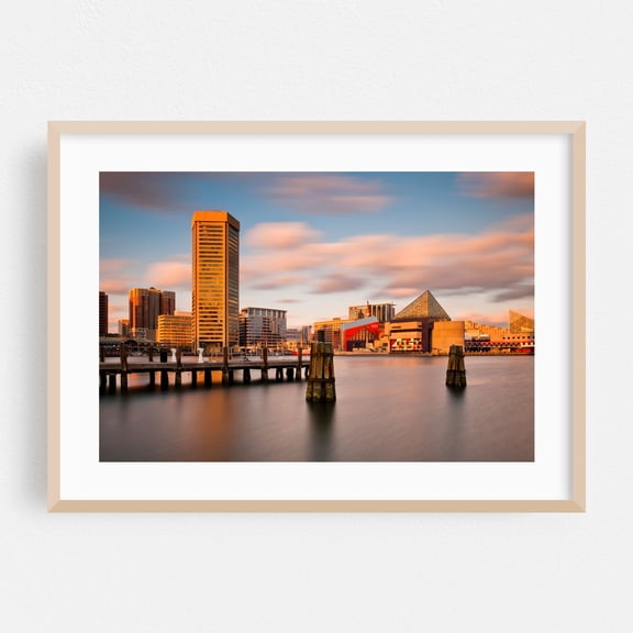 Inner Harbor 01 - Baltimore Maryland Photography Harbor City Skyline Architecture Travel Poster Sunset Oak Framed Wall Art Print 5 x 7 inches