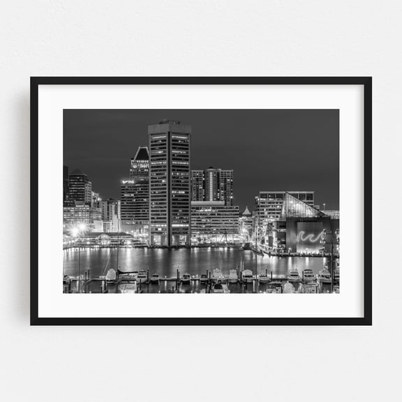 Inner Harbor Skyline 02 B&W - Baltimore Maryland Photography Black Framed Wall Art Print 24 x 36 inches