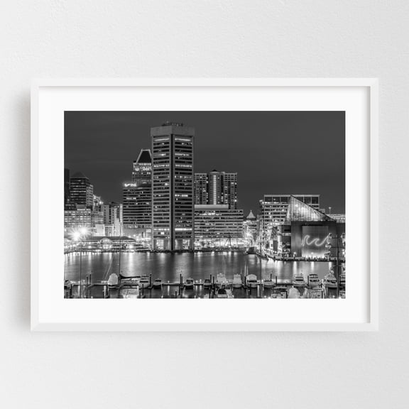 Inner Harbor Skyline 02 B&W - Baltimore Maryland Photography Cityscape Black and White Skyline Harbor Nightlife Architecture Boat White Framed Wall Art Print 5 x 7 inches