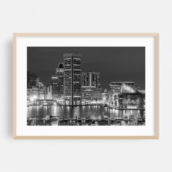 Inner Harbor Skyline 02 B&W - Baltimore Maryland Photography Oak Framed Wall Art Print 24 x 36 inches
