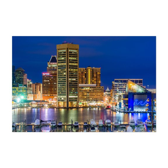 Inner Harbor Skyline 02 - Baltimore Maryland Photography Cityscape Skyline Harbor Nightlife Architecture Boat Modern Art Unframed Wall Art Print 32 x 48 inches