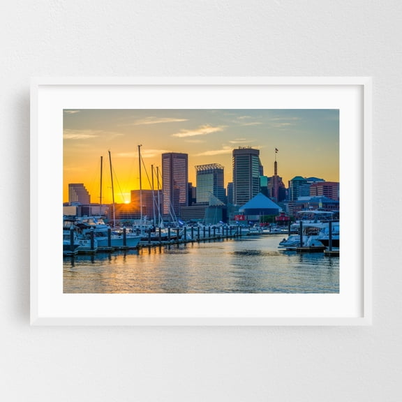 The Inner Harbor Skyline 03 - Baltimore Maryland Photography Cityscape Sunset Harbor Skyline Boat Travel Poster White Framed Wall Art Print 5 x 7 inches