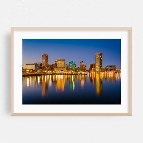 The Inner Harbor Skyline - Baltimore Maryland Photography Cityscape Skyline Nightlife Harbor Architecture Travel Poster Oak Framed Wall Art Print 5 x 7 inches