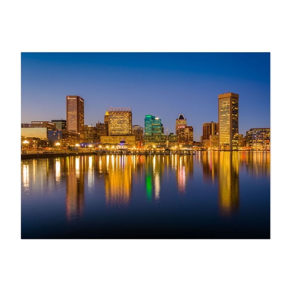 The Inner Harbor Skyline - Baltimore Maryland Photography Cityscape Skyline Nightlife Harbor Architecture Travel Poster Unframed Wall Art Print 36 x 48 inches
