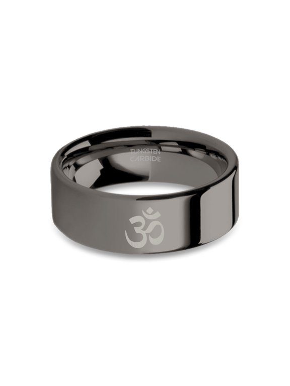 Inner Peace Om Emblem Engraved Polished Gunmetal Tungsten Ring, 8mm, Size 5