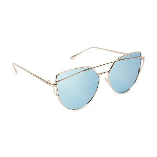 Inner Vision Cat Eye Aviator Metal Frame Cross Bar Sunglasses, Flat Polarized Lens for Women, Revo 100% UV Protection With Case - Gold Frame, Ice Blue Lens