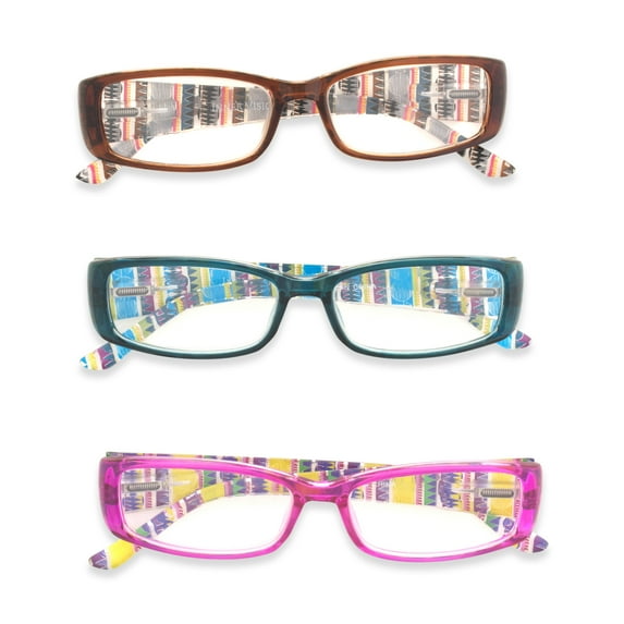 Inner Vision Women's 3-Pack Printed Stripe Reading Glasses Set w/ Spring Hinges - (1.25 x Magnification) - Purple, Blue, & Brown