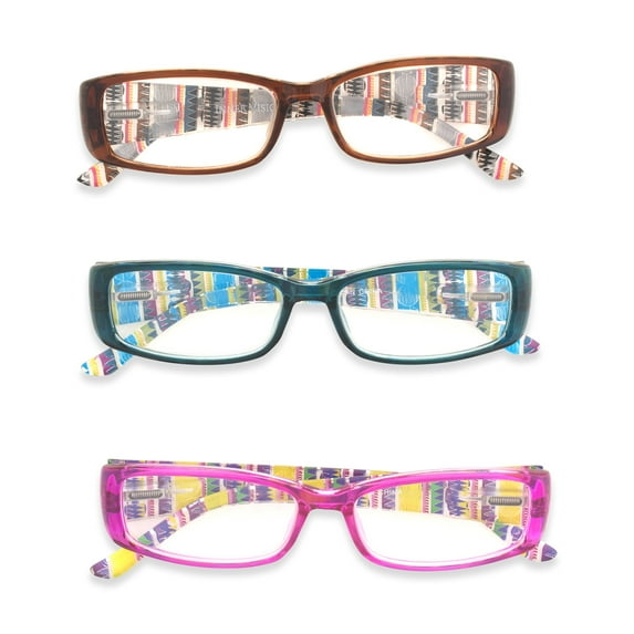Inner Vision Women's 3-Pack Printed Stripe Reading Glasses Set w/Spring Hinges - (2.25 x Magnification) - Purple, Blue, & Brown