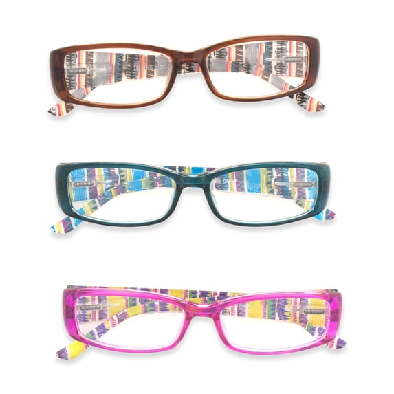 Inner Vision Women's 3-Pack Printed Stripe Reading Glasses Set w/ Spring Hinges - (2.5 x Magnification) - Purple, Blue, & Brown