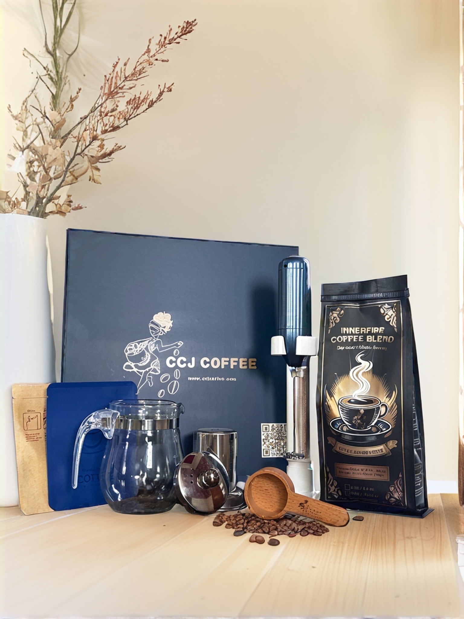InnerFire Functional Coffee & Tea Kit – Personal Teapot, Frother, Wooden Spoon & Adaptogenic Mushroom Coffee with Chaga, Lion’s Mane, Collagen & MCT Oil – Elegant Gift Box