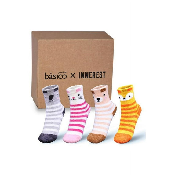 Innerest Basico Winter Warm Socks Holiday Gift Box #1 | Warm Socks Fuzzy Socks for Kids (4-6, 4 Pairs)