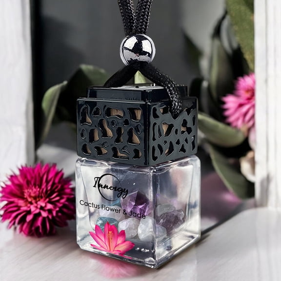 Innergy Cactus Flower Scent Crystal Infused Car Air Freshener - Portable 8 ml. Hanging Essential Oil Diffuser for Vehicle, Long-Lasting Fragrance, Eco-Friendly Design, Freshness On The Go!