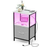 Innerjoin Nightstand with Charging Station USB A&C Ports, LED Side Table with Drawer, End Table for Bedroom, White