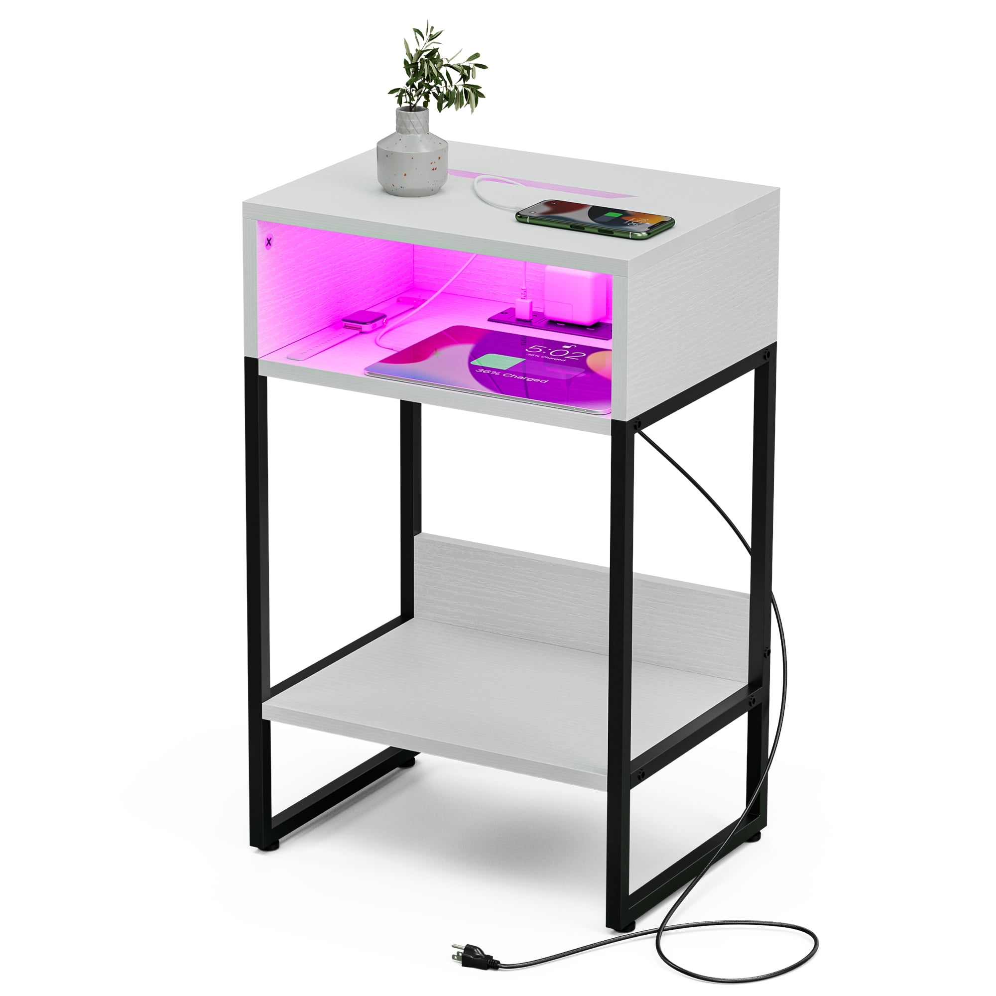White LED Nightstand with Charging Station and Storage