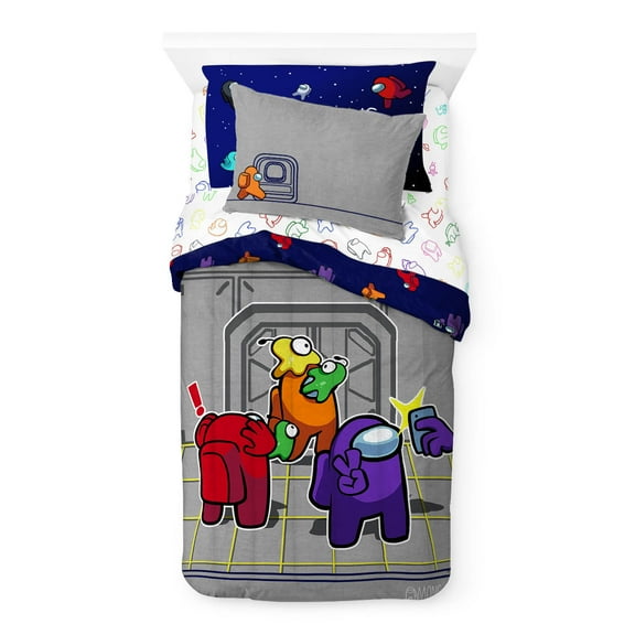 Innersloth Among Us Grey 5 Piece Twin Bed Set w/ Sham, 100% Microfiber