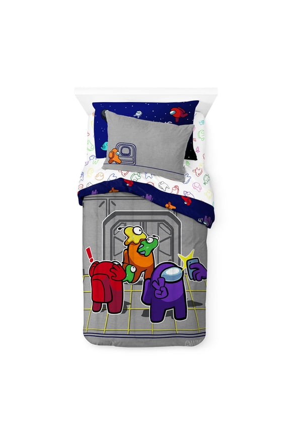 Among Us Grey 5 Piece Twin Bed Set w/ Sham, 100% Microfiber
