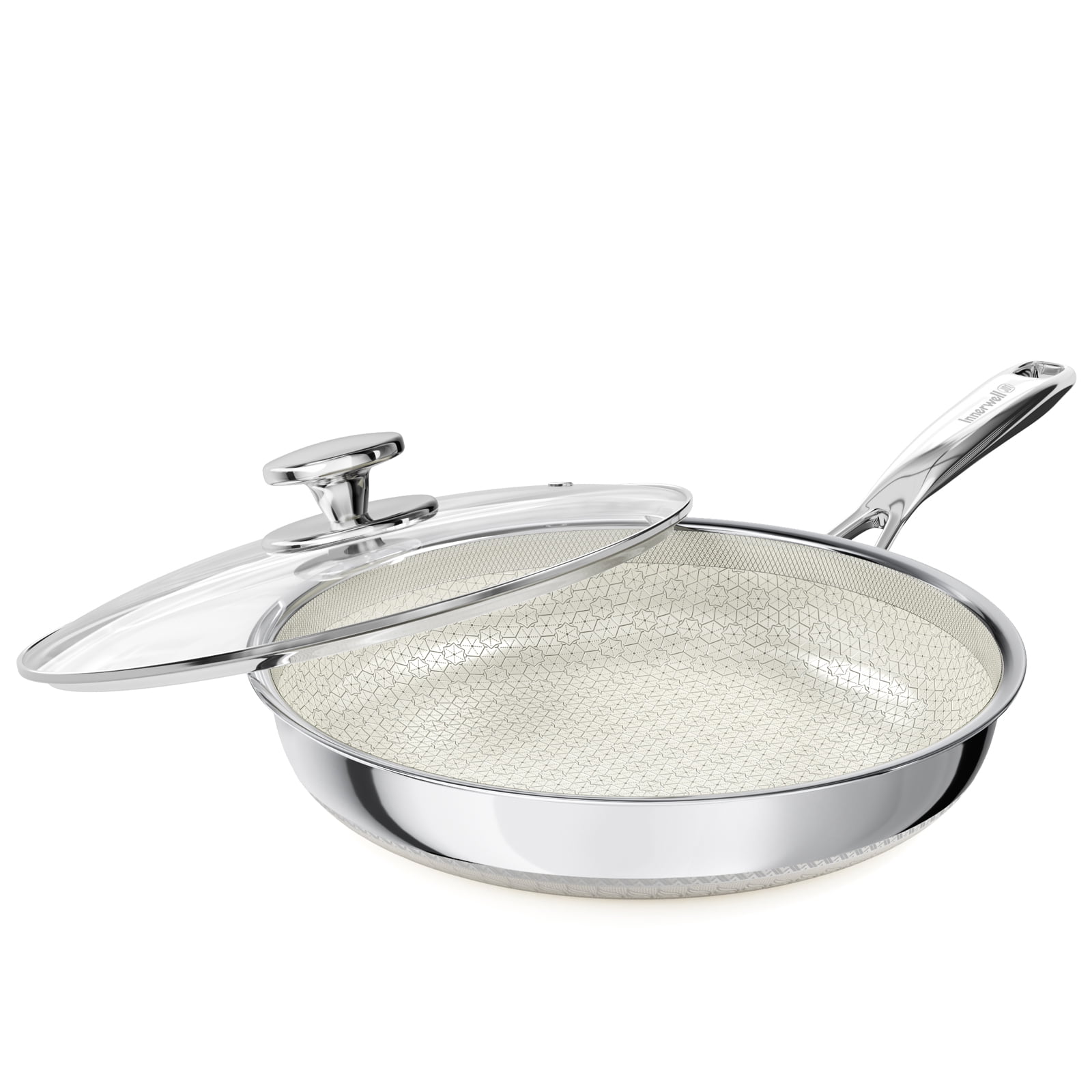 Innerwell 12 Inch Ceramic Hybrid Tri-Ply Stainless Steel Frying Pans Nonstick W/Lid, Large Induction Skillet Frying Pans for Cooking