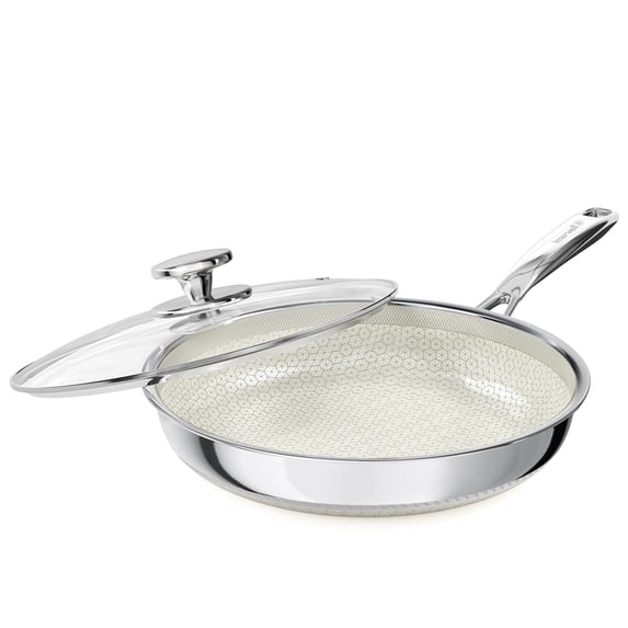 Innerwell 12 Inch Ceramic Hybrid Tri-Ply Stainless Steel Frying Pans Nonstick W/Lid, Large Induction Skillet Frying Pans for Cooking