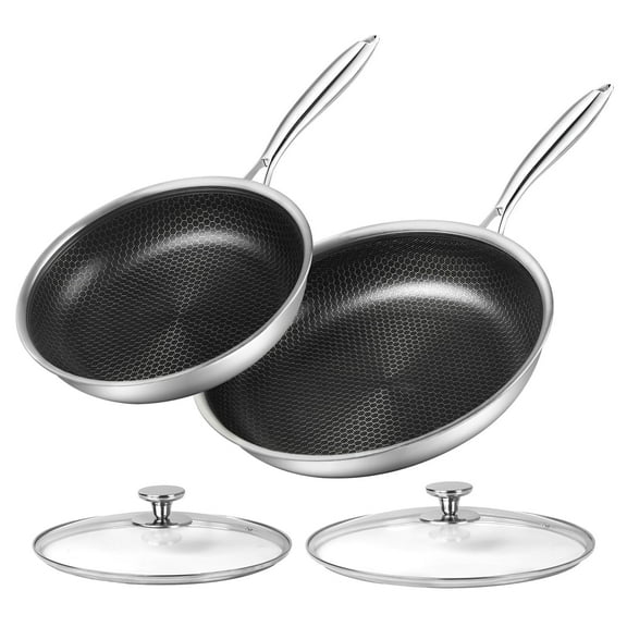 Innerwell Stainless Steel Non Stick Frying Pan Skillet Set with Cooking Lid and Stay Cool Handle, 10" and 12", 4 Piece