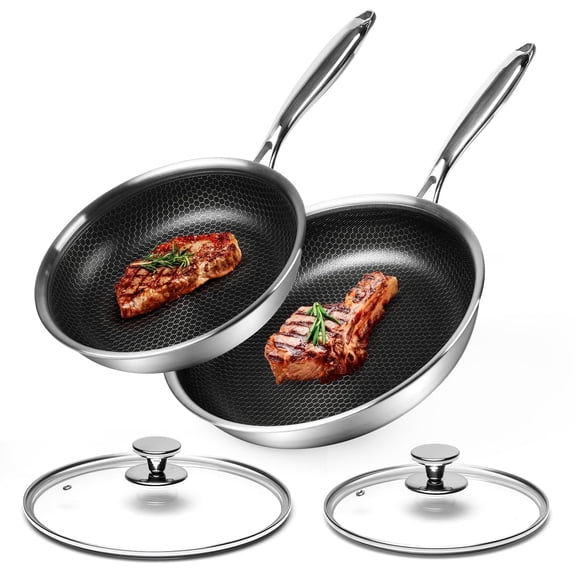 Innerwell 9.5inch and 11inch  Stainless Steel Frying Pan Set with Lid Nonstick Honeycomb Stainless Steel Cooking Pan Set of 2 Skillet for Cooking with Induction Gas Stovetops
