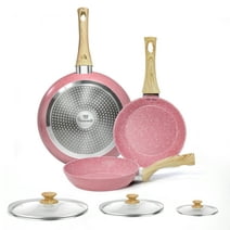 Innerwell 6 Pcs Nonstick Pink Frying Pan Set Toxin-Free 8" 9.5" and 11" Frying Pan with Lid Bakelite Handle Cookware Set