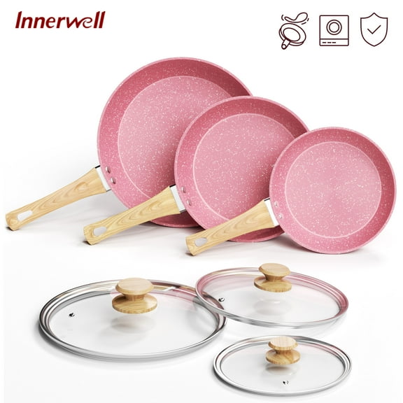 Innerwell Nonstick Frying Pan Set, 6-Piece, Pink, Includes 8-Inch, 9.5-Inch, 11-Inch Pans with Lids