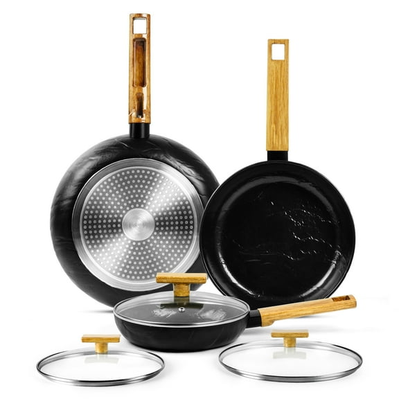 Innerwell 6Pcs Black Titanium Ceramic Frying Pan Set with Lids Non-Stick Cookware Set with Wooden Handles