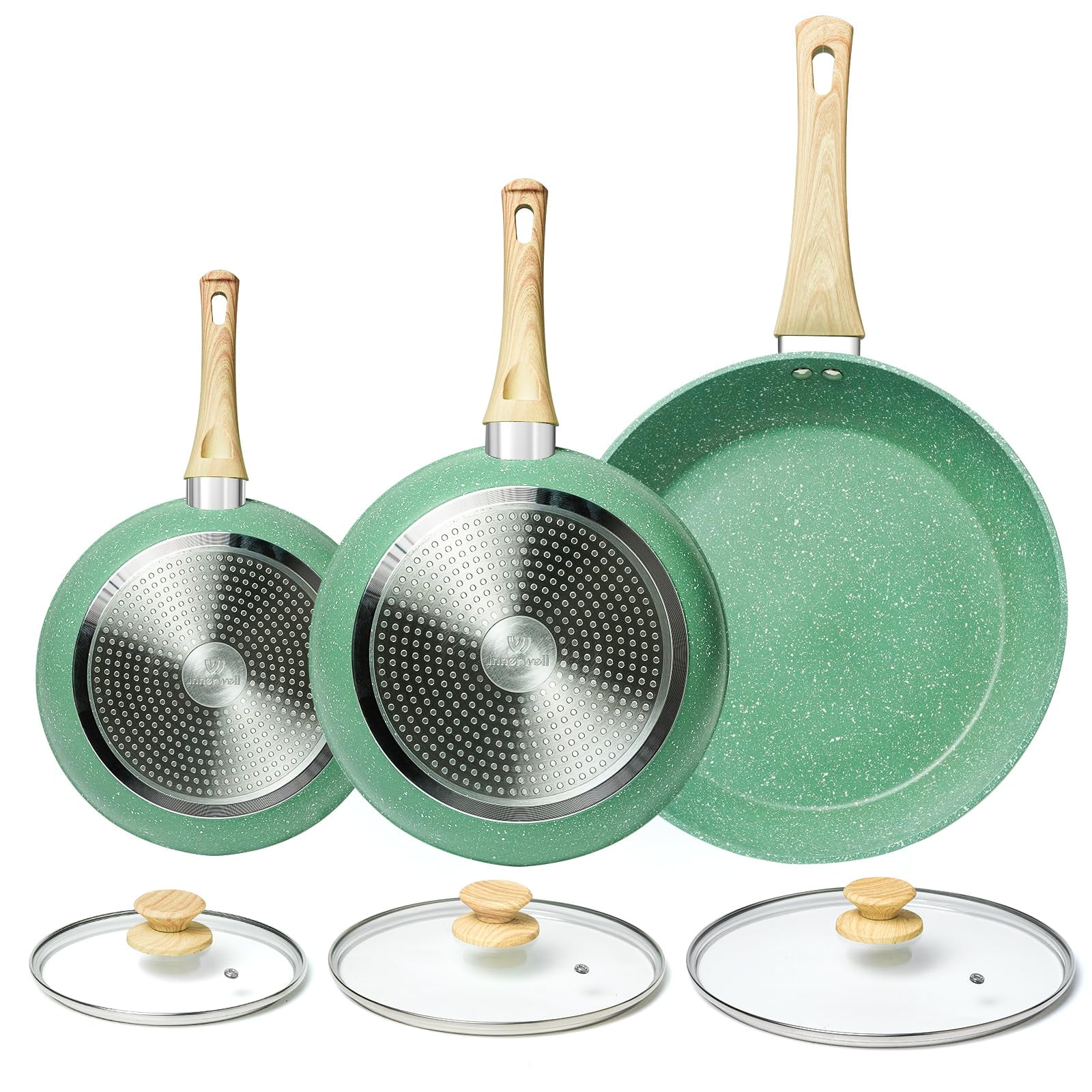 Innerwell 6pcs Frying Pan Set With Lids 8"+9.5"+11" Nonstick Skillet