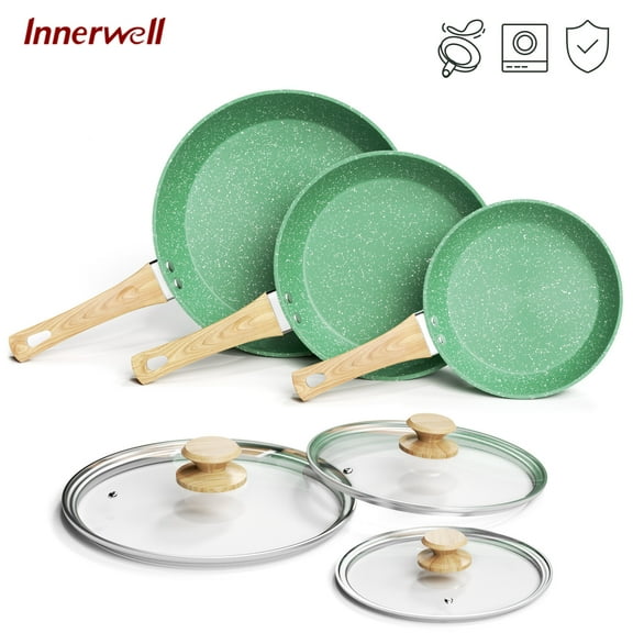 Innerwell 6-Piece Nonstick Skillet Set with Lids, 8-Inch, 9.5-Inch, 11-Inch Frying Pans for Cooking and Omelettes