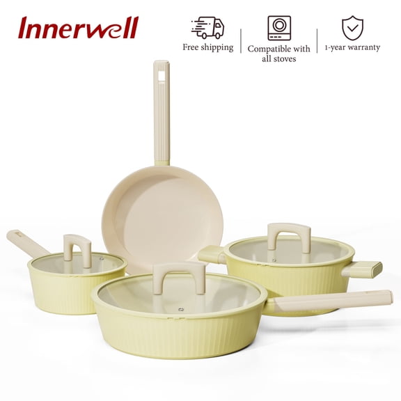 Innerwell 7pcs Yellow Nonstick Frying Pan Set With Lids Compatible with All Stoves
