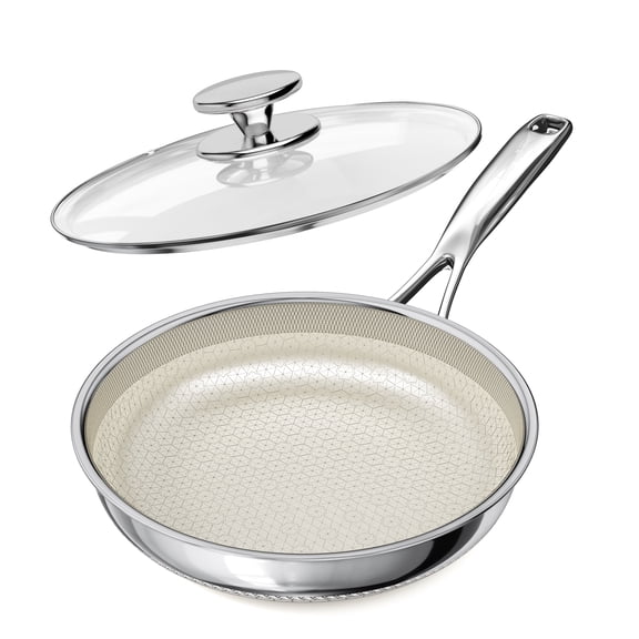 Innerwell 8 Inch Non Stick Frying Pan with Lid, Ceramic Hybrid Tri-Ply Stainless Steel Nonstick Skillet W/Lid, Small Cooking Pans Induction Egg Frying Pan