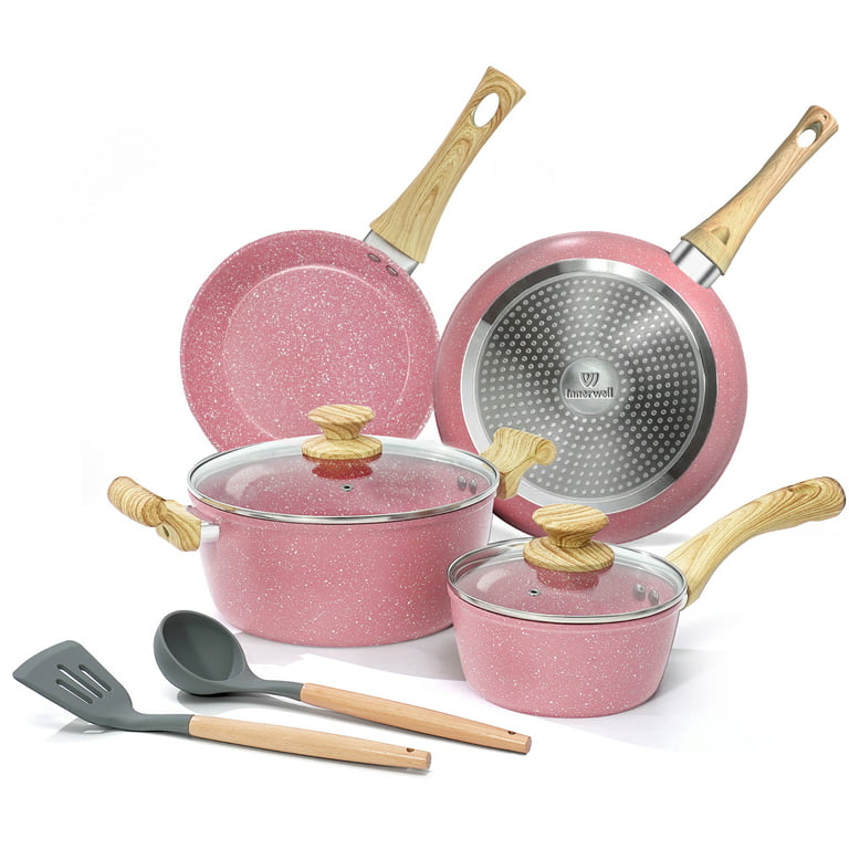 Innerwell 8 Pcs Nonstick Cookware Sets Granite Stone Kitchen Frying Pan Set  Cooking Pink Cookware with Stay Cool Handles 
