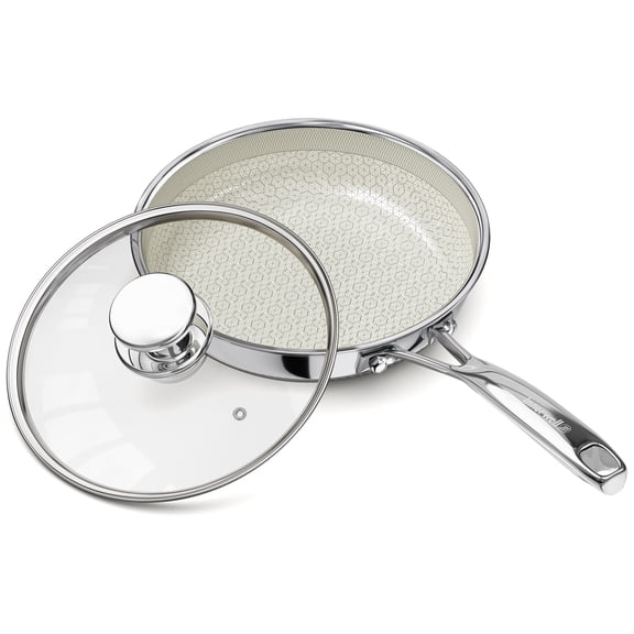 Innerwell 10 Inch Ceramic Non Stick Frying Pan with Lid, Ceramic Hybrid Tri-Ply Stainless Steel Non Stick Skillet Pan W/ Lid Healthy Frying Pan