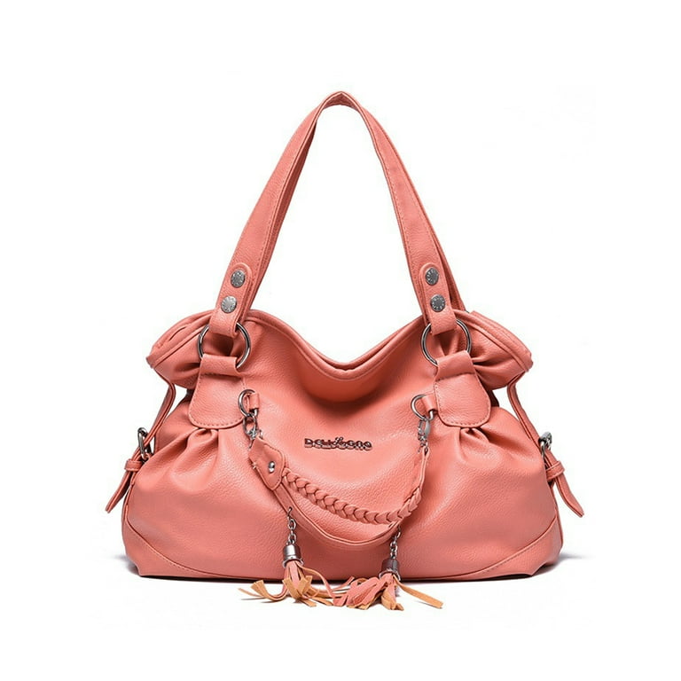 Pink Leather Handbag Women Designer Tote Bag Classic Metallic