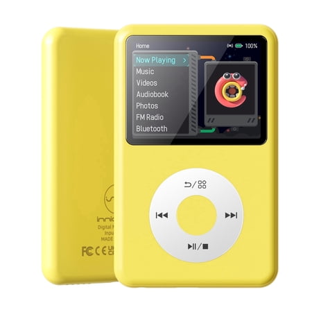 Innioasis Mp3 Player with Bluetooth, 2.4" 128GB Portable Mini HiFi Sound Bluetooth Digital Music Player with FM Radio Audiobook and Speaker Built in for Kids (Light yellow)