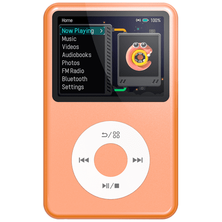 Innioasis Mp3 Player with Bluetooth, 2.4" 128GB Portable Mini HiFi Sound Bluetooth Walkman Digital Music Player with FM Radio Audiobook and Speaker Built in for Kids (Orange)