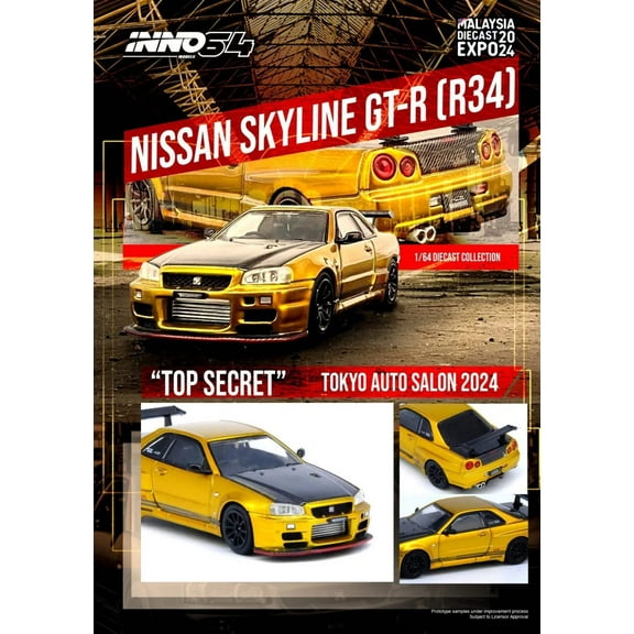 Nissan Skyline GT-R (R34) RHD Gold Metallic with Carbon Hood and Trunk 1/64 Die Cast Model Car by Inno Models