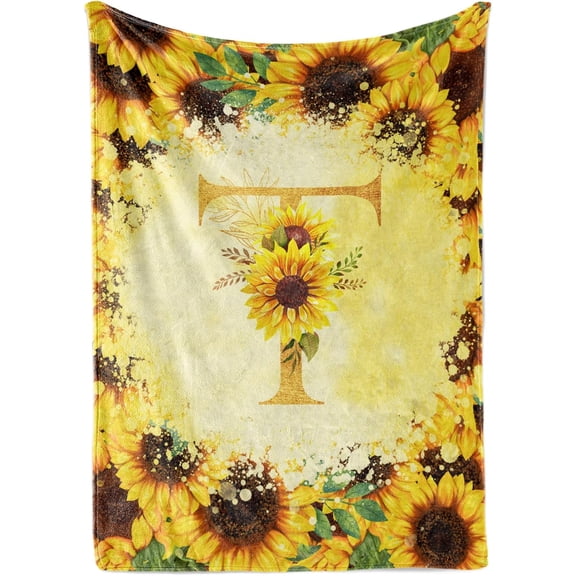 InnoBeta Sunflower Initial Birthday Gifts for Women, Gift Ideas for Her, for Mom, Grandma, Aunt- 300gsm Flannel Blanket- 50"x 65"-T