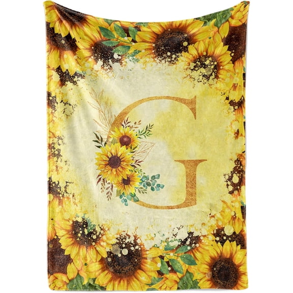 InnoBeta Sunflower Initial Birthday Gifts for Women, Gift Ideas for Her, for Mom, Grandma, Aunt- 300gsm Flannel Blanket- 50"x 65"-T