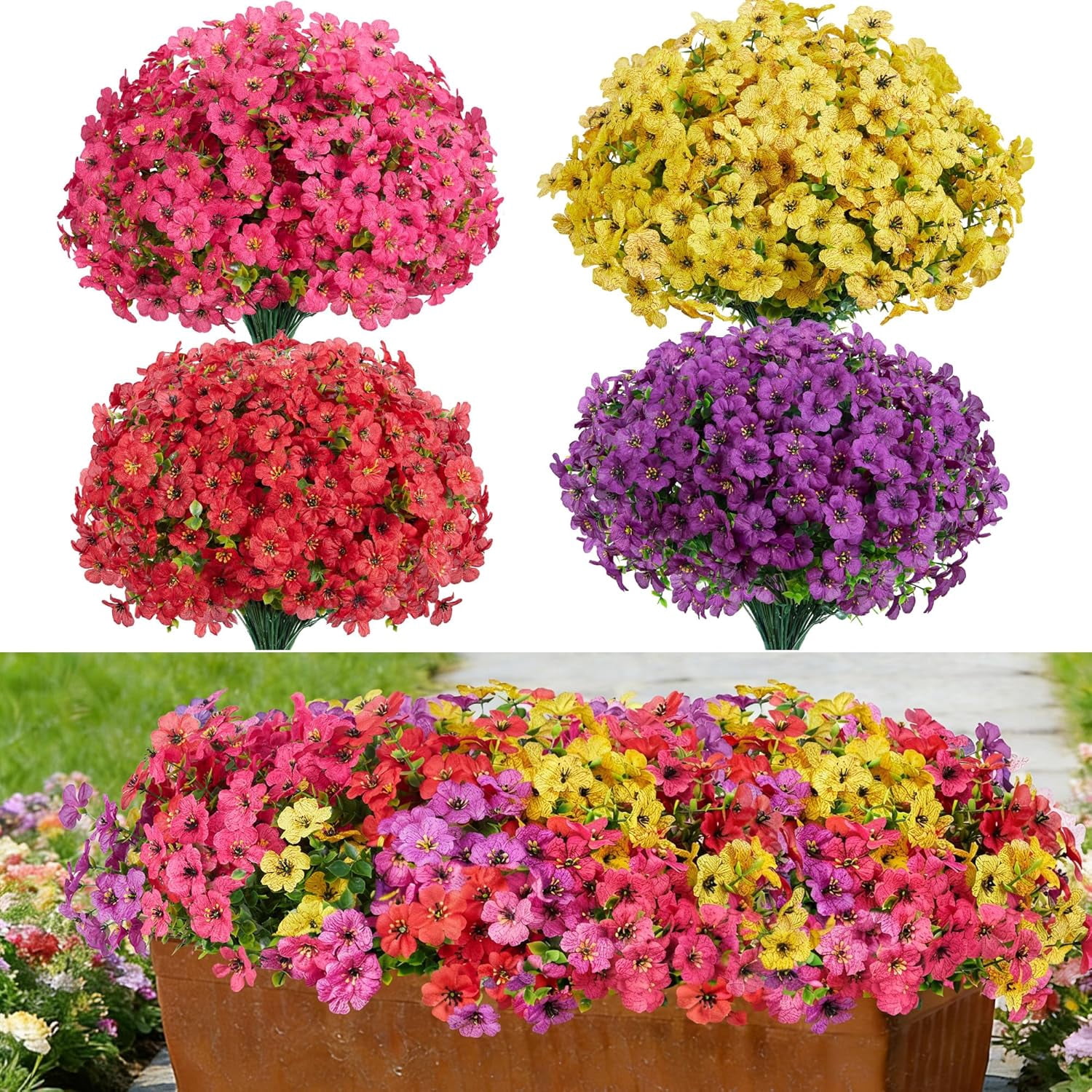 InnoGear Artificial Flowers for Outdoors, 12 Bundles UV Resistant Fake Silk Flowers for Outside Faux Spring Summer Decor Flower for Outdoor Indoor Garden Home Decoration Porch Patio (Mixed 4 Colors)