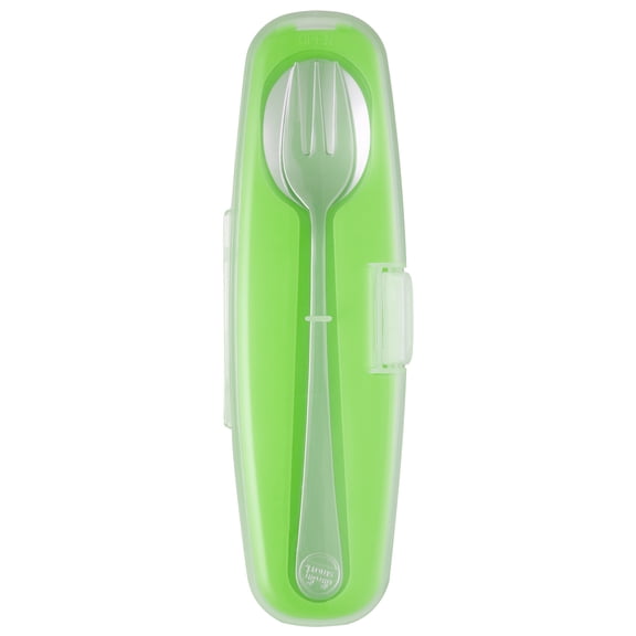 Innobaby Din Din Smart Stainless Steel Spoon and Fork with Carrying Case. Utensil Set for Kids and Toddlers. BPA free. Green.