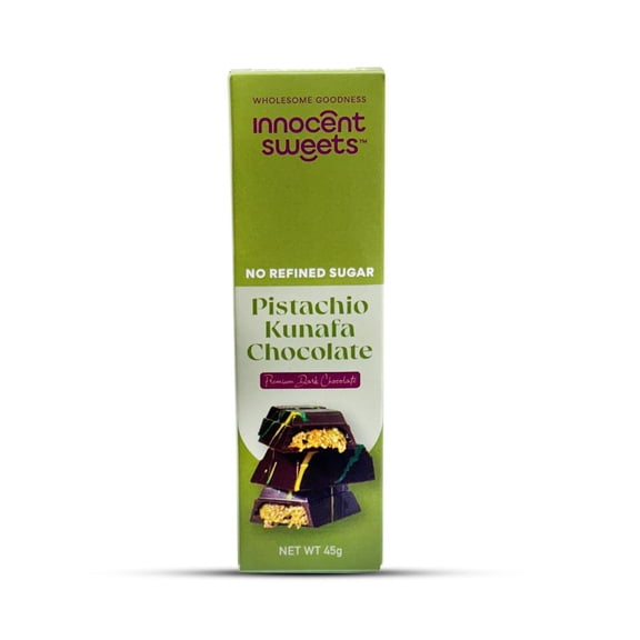 Innocent Sweets Pistachio Kunafa Chocolate - No Refined Sugar - Woman-owned (1.58 oz x 4 packs)