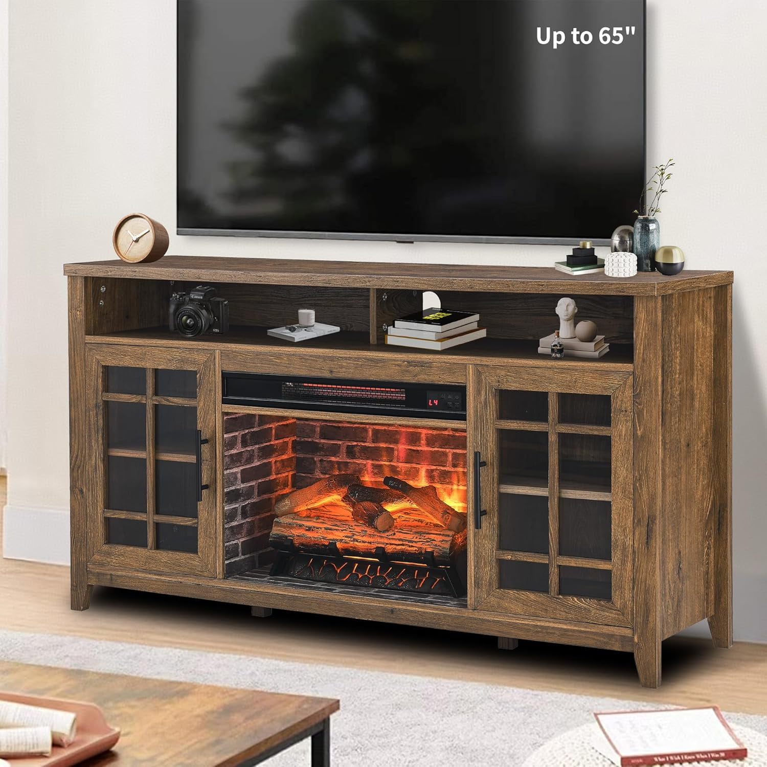 55'' Reclaimed Barnwood Electric Fireplace TV Stand with Storage Cabinet