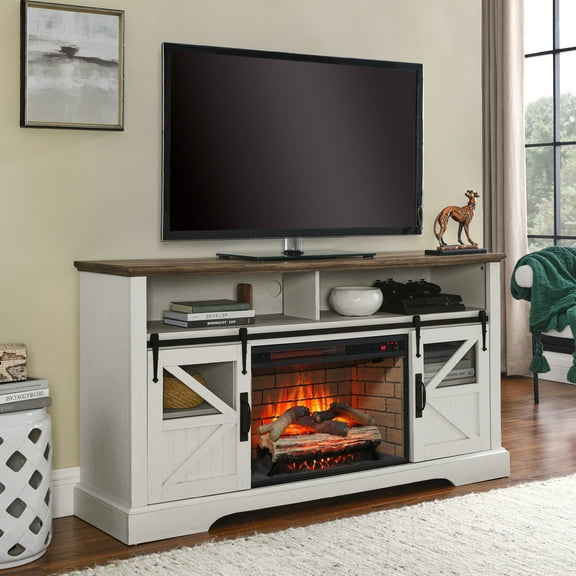 Innoflame 60'' Fireplace TV Stand, Farmhouse Entertainment Center w/ 26" Electric Fireplace, Door Sensor, Sliding Barn Door, Jasmine white