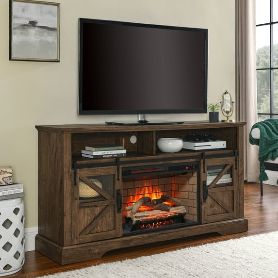Innoflame 60" Fireplace TV Stand for TVs up to 70", Farmhouse Entertainment Center with 26" Electric Fireplace, Door Sensor, Sliding Barn Door, Reclaimed Barnwood