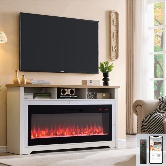 Innoflame Fireplace TV Stand for 70" TVs, Entertainment Center w/50 Inch Fireplace, WiFi Enabled, APP/Voice Control, Simulated Marble Surrounded, Open Shelves Storage,White