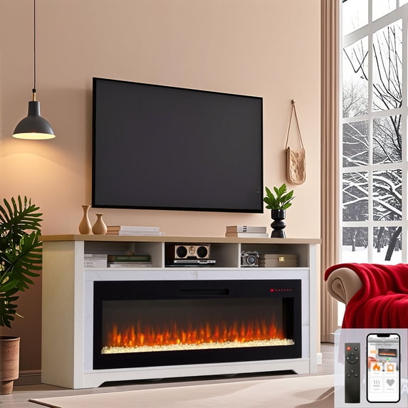Innoflame Fireplace TV Stand for 80" TVs, Entertainment Center w/60 Inch Fireplace, WiFi Enabled, APP/Voice Control, Simulated Marble Surrounded, Open Shelves Storage, White
