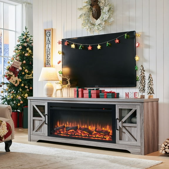 Innoflame Fireplace TV Stand for 85" TV, Entertainment Center with 44" Electric Fireplace, Adjustable Shelves, TV Stands Console for Living Room, Gray